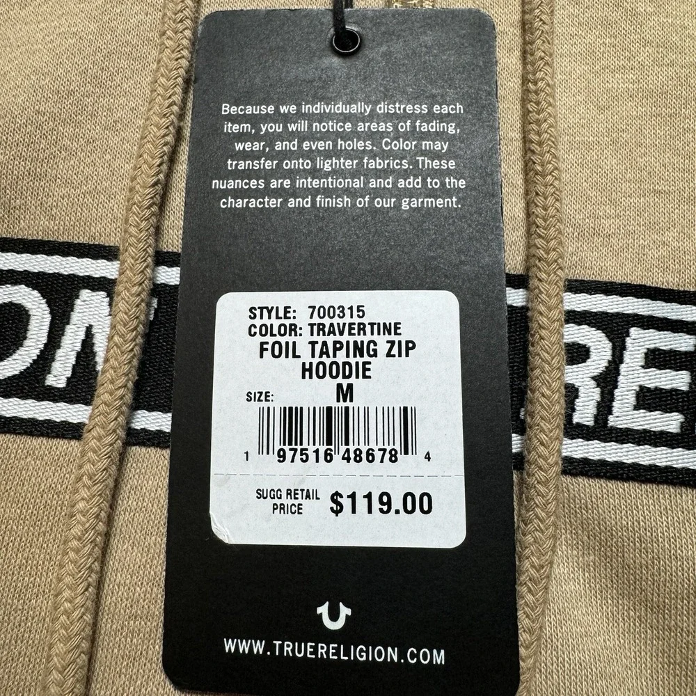 True Religion Zip Hoodie Men Medium Travertine Beige Foil Logo Taping 700315 New